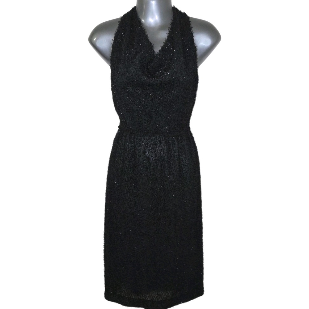 Vintage Impromptu Black Halter Evening Dress Textured Sparkle Midi‎